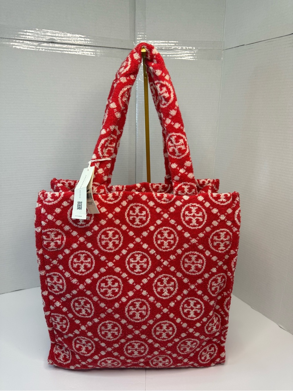 Tory Burch Logo Strawberry Red & White Terry Tote Bag-NEW-Style 148687-600